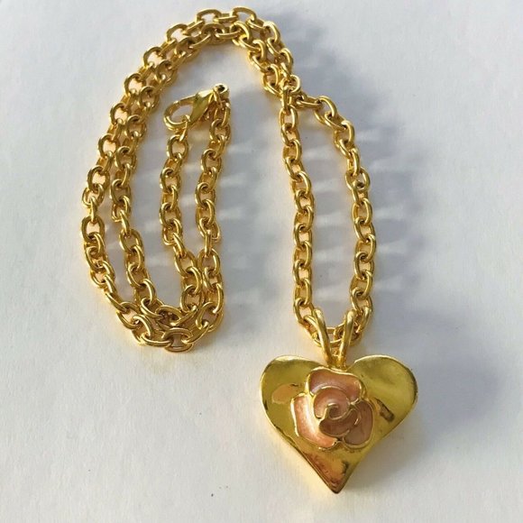 VTG Maxine Denker Necklace Gold Tone Chain Rose Heart Pendant Charm Signed - Picture 1 of 7